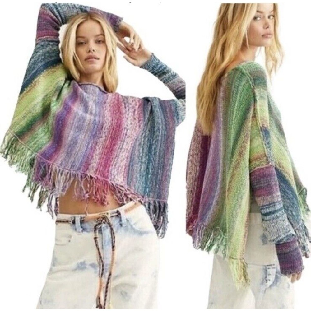 FREE PEOPLE Sweater Womens Size Medium Radiate Pullover Poncho Rainbow Brite